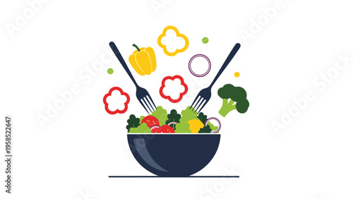 Healthy bowl of green salad with tomatoes being tossed with two large forks and surrounded by sliced peppers.