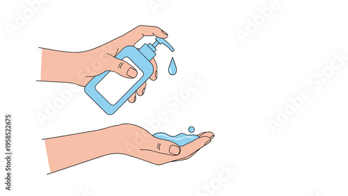 Close up of two hands using a blue pump bottle of liquid hand sanitizer to clean and disinfect.
