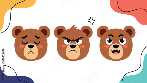 Set of three brown bear face emojis showing different emotions including sad angry and happy or surprised.