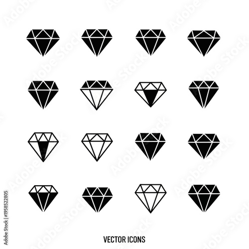 Collection of Sixteen Minimalist Black and White Diamond Vector Icons for Jewelry Design and Luxury Branding Projects