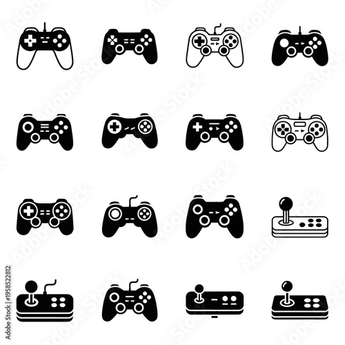 Set of Video Game Controller Icons Including Gamepads and Arcade Joysticks in Black and White Flat Style