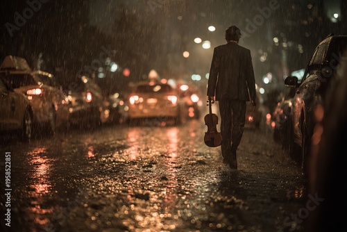 Man walking alone in heavy rain at night with city lights bokeh,Cinematic silhouette of person walking in rainy street at night,Lonely man walking in rain with blurred traffic lights background