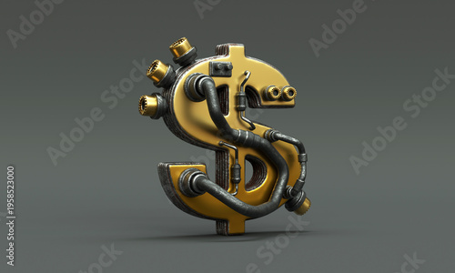 Фотография Metallic, mechanical-style currency symbols in finance and economics dollar