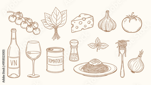 Italian food doodle illustration set, hand drawn pasta, wine, cheese, tomato and more. Mediterranean cuisine illustration