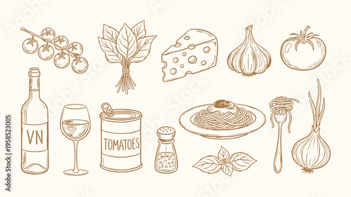 Italian food doodle illustration set, hand drawn pasta, wine, cheese, tomato and more. Mediterranean cuisine illustration