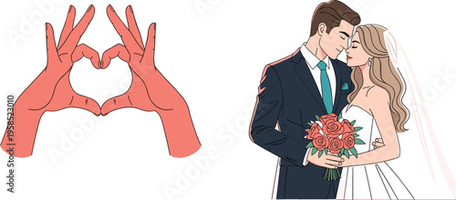 Illustration of a Heart-Shaped Hand Gesture and a Bride and Groom on Their Wedding Day, Representing Love and Marriage