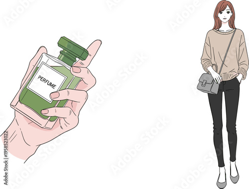 Illustration of a Perfume Bottle in Hand and a Fashionable Woman in Casual Outfit, Representing Elegance and Style