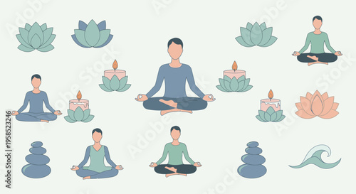 People practice yoga with lotus flowers and stones in a serene environment