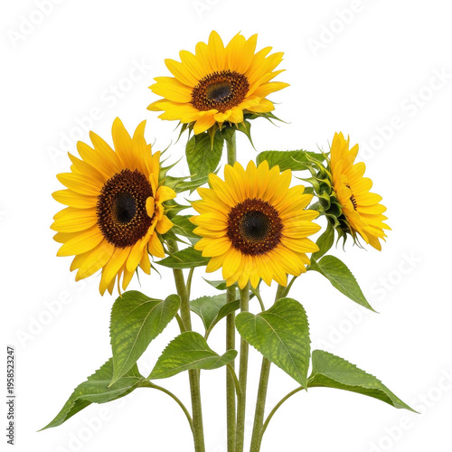 A vibrant bouquet of sunflowers with bright yellow petals and dark centers. isolated on transparent background