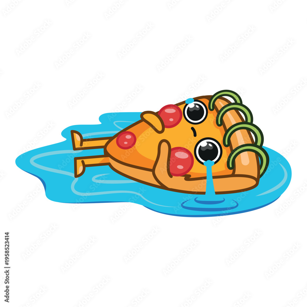 Fototapeta premium Pizza character, sad, crying, lying in a pool of tears, pizza man, modern mascot, colourful vector isolated
