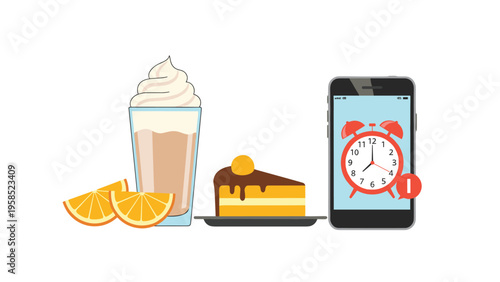 Refreshing morning routine icons featuring an iced coffee latte, a slice of chocolate cake, orange wedges, and an alarm clock on a phone.