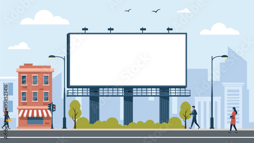 Urban city street scene featuring a large blank white billboard for advertising placed near a brick building with people walking by.
