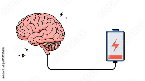 Conceptual illustration of a human brain connected by a power cord to a charging battery icon, symbolizing mental energy and fatigue.