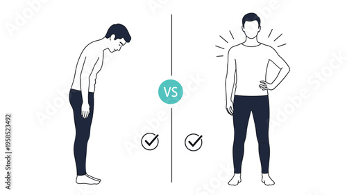 Comparative illustration showing a man with poor slumped posture next to a man with good healthy upright posture for ergonomics awareness.