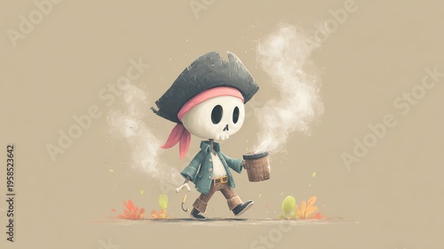 A cute but terrifying zombie pirate captain with glowing hook hand and broken hat, walking confidently through smoke