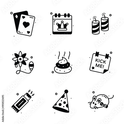 Ready to use glyph design icons representing April Fool's Day pranks and humor.