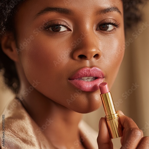 Woman applying lipstick in close up beauty portrait with glowing skin,Makeup concept with female model applying pink lipstick on lips,Beauty close up of woman putting on lipstick with soft warm light