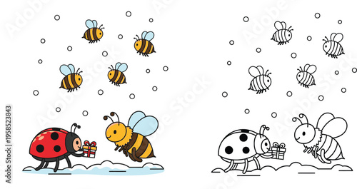 Cute Cartoon Ladybug and Bee Exchanging a Gift - Coloring Page Included