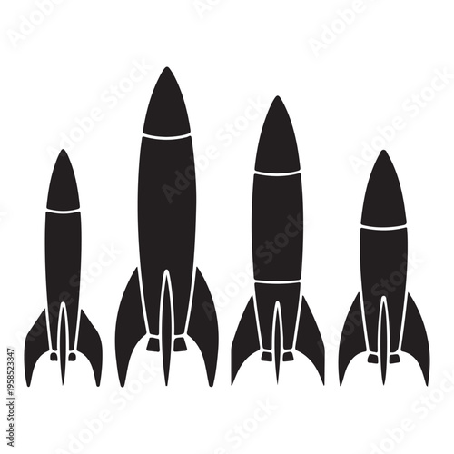 Rocket spaceship launch silhouette vector illustration with business startup success and innovation concept