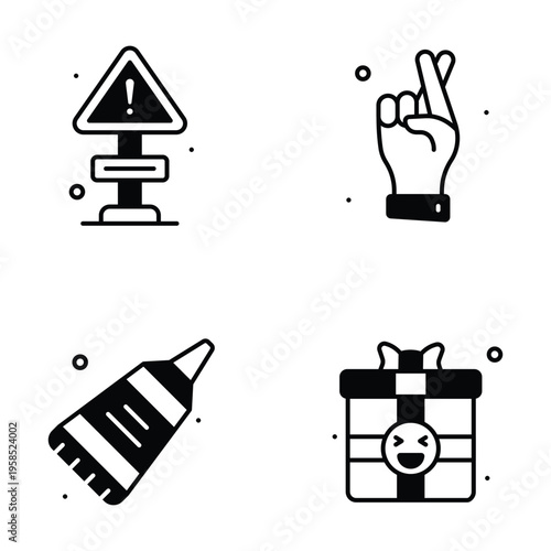 Set of glyph design icons related to April Fools' Day pranks.