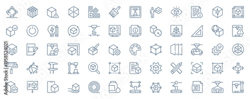3d printing web icons set in line stroke design. Outline pictogram pack of printer, cube shapes, digital modelling, rapid prototype, engineering, additive manufacturing, more. Vector illustration.