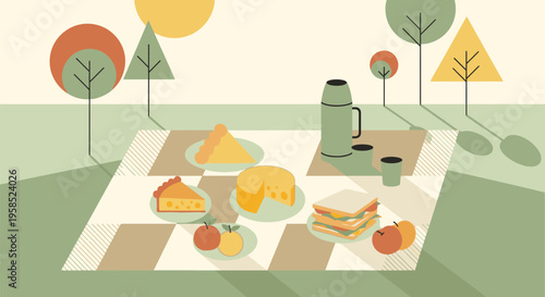 A serene picnic scene unfolds on a blanket in a park with trees, featuring a thermos, food, and plates on a sunny day.