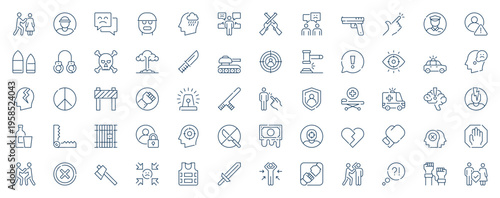 Abuse and violence web icons set in line stroke design. Outline pictogram pack of abuse, harassment, cyber bullying, conflicts, weapons, assault, discrimination, security, more. Vector illustration.