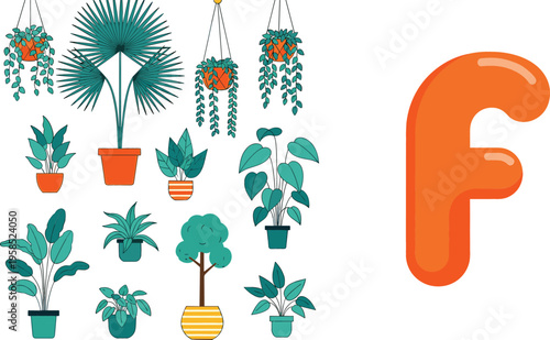 Illustration of Various Potted Plants and Hanging Greenery with an Orange Letter "F", Representing Gardening and Nature Themes