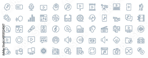 Audio and Video web icons set in line stroke design. Outline pictogram pack of music play, cinema ticket, microphone, headphones, cassette, camera record, director clapper, more. Vector illustration.