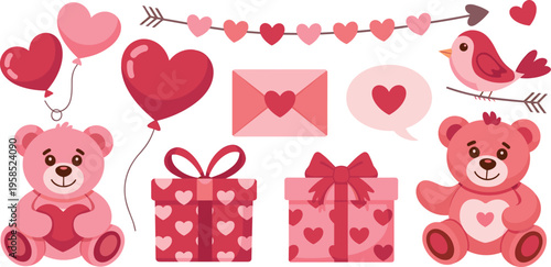 Cute Valentine's Day vector set featuring pink teddy bears heart balloons gift boxes and love letters for romantic design.