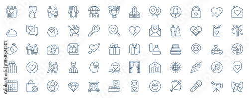 Family and wedding web icons set in line stroke design. Outline pictogram pack of love relationship, couple, bouquet, proposal ring, balloon, heart, cake, baby stroller, more. Vector illustration.