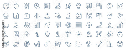 Growth development web icons set in line stroke design. Outline pictogram pack of target, leadership, planning, communication, success, launch startup, brainstorming, award, more. Vector illustration.