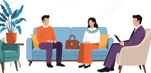 Professional flat vector illustration of a young couple sitting on a blue sofa during a formal consultation or interview with a businessman.