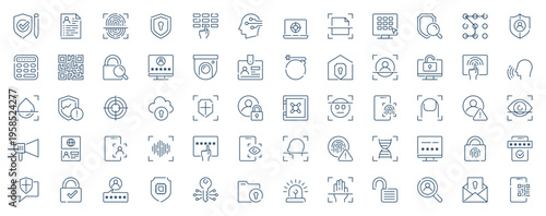Identity security web icons set in line stroke design. Outline pictogram pack of shield, privacy protection, fingerprint scan, keys, password verification, surveillance, more. Vector illustration.