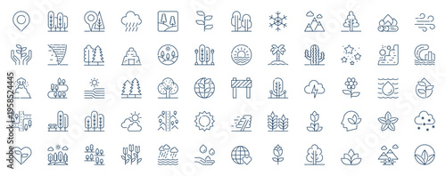 Nature landscape web icons set in line stroke design. Outline pictogram pack of location, forest trees, rain cloud, plants, snow, mountain, support, ecology support, wind, more. Vector illustration.