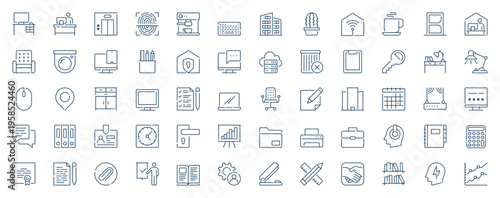 Office workspace web icons set in line stroke design. Outline pictogram pack of computer desk, employee, lift, finger scanner, keyboard, chair, stationery, productivity, more. Vector illustration.