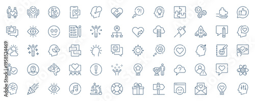Positive thinking web icons set in line stroke design. Outline pictogram pack of love relationship, support, meditation, mental health, brainstorming, motivation, optimism, more. Vector illustration.