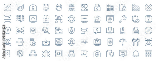 Security protection web icons set in line stroke design. Outline pictogram pack of camera surveillance, lock, protect, fingerprint scanning, password, phishing, firewall, more. Vector illustration.