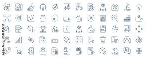 Taxes accounting web icons set in line stroke design. Outline pictogram pack of money, currency exchange, banking, payment, balance report, calculating, invoice, savings, more. Vector illustration.