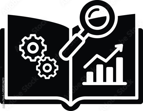 Silhouette vector illustration of open book with magnifying glass and gears for business analysis and growth