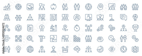 Teamwork community web icons set in line stroke design. Outline pictogram pack of career development, target, communication, employee meeting, business leadership, support, more. Vector illustration.