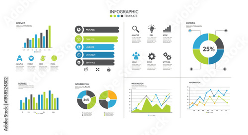 The infographic presents various business data visualizations including charts and graphs on a clean white background.