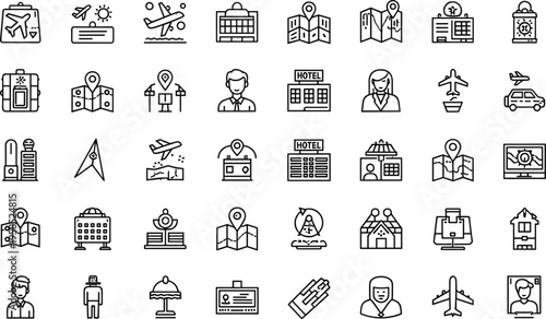 Travel and tourism service line icon set featuring hotel navigation flight booking minimal outline vector collection