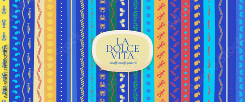 Amalfi summer horizontal banner with lemon pattern and Mediterranean sea striped motif. Italian colorful background with lobster, tomato and sardine icons. Italian text translation: The sweet life.