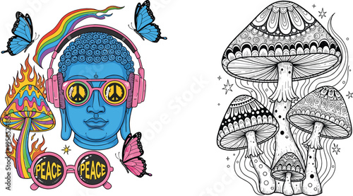 Psychedelic flat vector illustration set featuring a cool blue Buddha with headphones and trippy mushrooms alongside a detailed black and white line art version.