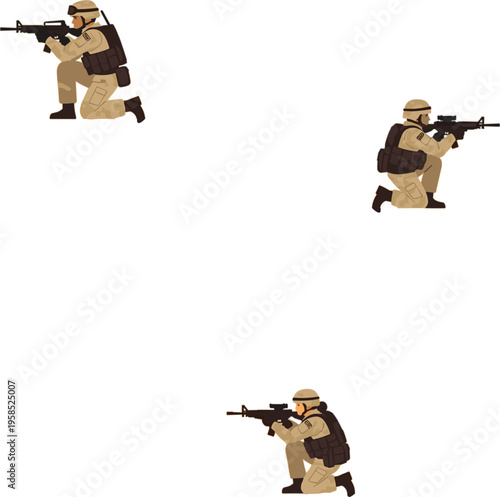 Vector illustration set of desert soldiers in tan uniforms and tactical gear kneeling with assault rifles for military and combat concepts