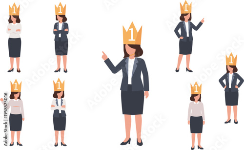 Vector illustration set of professional businesswomen wearing number one winner crowns representing leadership success