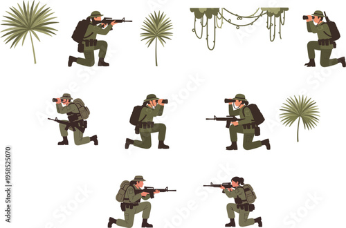 Vector illustration set of soldiers in jungle uniforms with tactical gear and binoculars performing reconnaissance among tropical palm leaves.