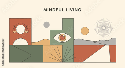 The abstract composition depicts a mindful living scene with an eye surrounded by geometric shapes in nature.