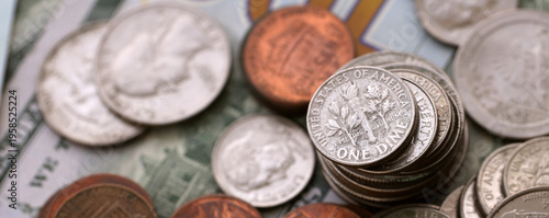 Wallpaper Mural Big amount of United States coins on hundred dollar money bills arranged in chaotic order Torontodigital.ca